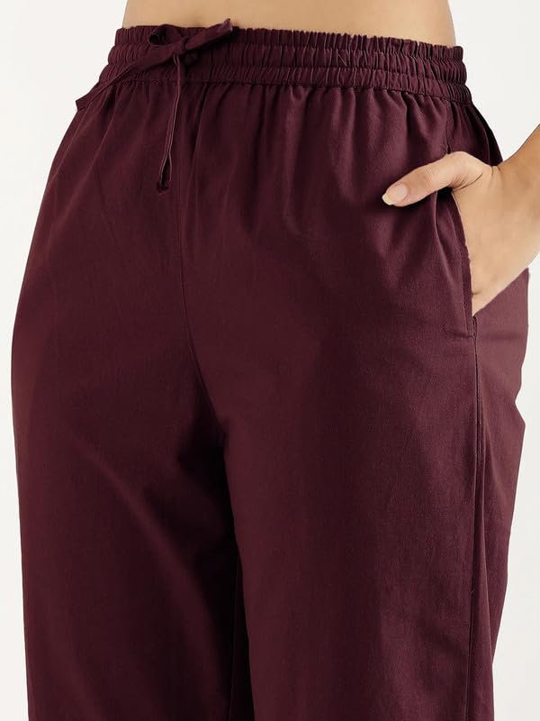 Image of SAADAA Cotton Straight Pants for Women | Breathable Everyday Wear Trousers | Drawstring, Deep Pockets & Elastic Waistband | Casual & Comfortable Fit