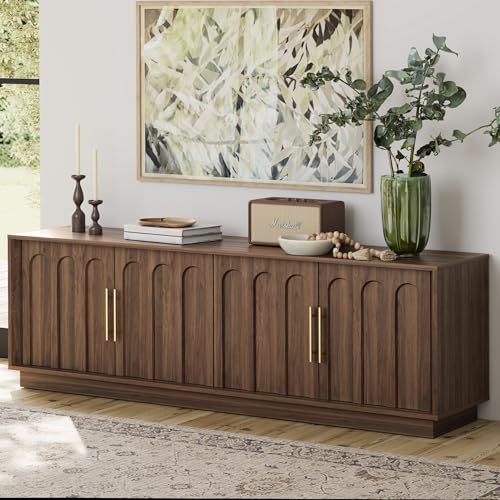 FORTUNETEC TV Stand for 75 Inch TV, Mid Century Modern TV Stand with Arched Design, Wood Grain Finish, Media Console with Adjustable Shelves, 67' Entertainment Center for Living Room Bedroom, Walnut