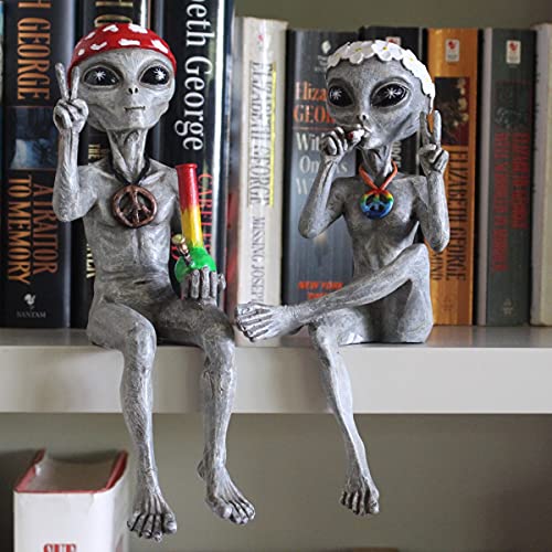 “Hippie And Stoner” Alien Statues Couple Hippie Pot Smoking Marijuana Weed 10 “ H Alien Figurines Shelf Sitters Indoor/Outdoor Funny Home Patio Or Garden Decoration – Set Of 2 (Alien Gray) #TOP4