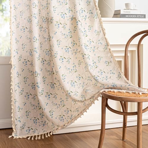 Image of MYSKY HOME Floral Boho Linen Curtains 96 Inches Length 2 Panels Set Blue Flower Patterned Light Filtering Spring Vintage Farmhouse Window Curtains with Tassel Beige Back Tab Dining Room, W50, Blue,