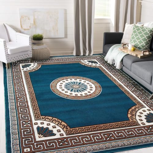 Image of Gold Area Rug with Greek Key Border and Floral Centre (Blue, 6x8) | Living Room & Bedroom, Classic & Modern Decor, Easy to Clean, Soft Pile Design, Fits Under Furniture