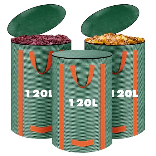 LUOJINYI 3X 120L Gartenabfallsack Stabil, Selbststehend Gartensack Laubsack mit Deckel und Griffen, Wiederverwendbar Grünschnittsack Laubsammler für Grünschnitt Laub Rasenschnitt Gartenabfälle