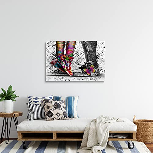 Framed Banksy & Graffiti Pop Shoe Sneaker Canvas Wall Art For Store Playroom Cool Dorm Room Decor Lovers Abstract Prints Gift For Boy & Girl Couple Ready To Hang - 12"X16" #TOP7