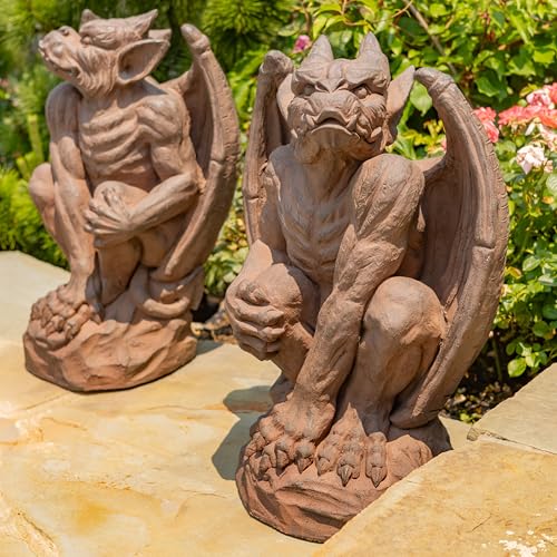 Zaer Ltd. Set of 2 Gothic Gargoyle Garden Statues 28.4 Inch Tall Outdoor Sculptures (Antique Rust)