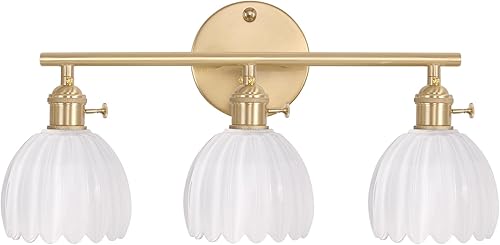 Lámpara de baño, lámpara de pared de latón de 3 luces sobre espejo con pantalla de cristal de tulipán blanco para dormitorio, sala de estar