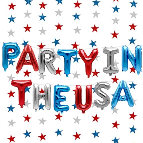 4th of July Decorations Stars Set, Red White Blue Star Streamers, 'Party in the USA' Balloons for...