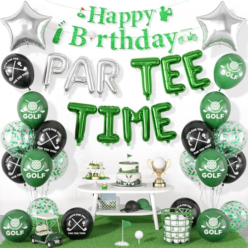 Image of Golf Birthday Party Decorations Let's Partee Time Golf Party Decorations | Happy Birthday Banner Golf Print Balloons Silver Star Foil Balloons for Men Boys Sport Themed Party Supplies