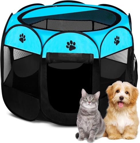 XL Dog Crates JupiterJX Pet Foldable Playpen Dog Cat Puppy Pen For Indoor Play Pen Crate, Breathable Mesh Carrier Kennel Soft Cage Tent For Extra Large Dogs Travel Puppies Playpens (Blue, 91x91x58 cm, XL)