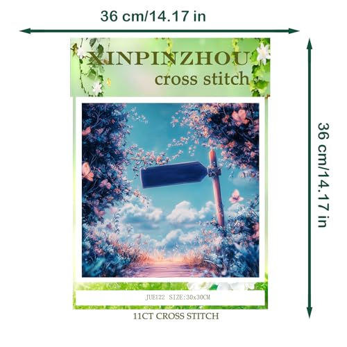 Image of Xinpinzhou Scenery 11ct Stamped Cross Stitch Kits for Adults, 14x14 in | Pre Printed 11 Count Cotton Fabric, Finished Embroidery Pattern is Elegant for Wall Decor, Easy Diy Hobby Craft for Women