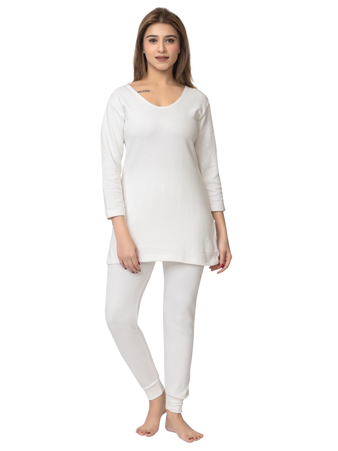 Winter Wear Inner Wear Nightwear Soft & Warm Cotton Blend Round Neck Sleeveless Solid Women's Thermal Set (W THML FS 3x1 3/4)