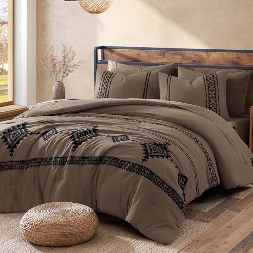 Image of MaiReve Embroidery Queen Comforter Set 7 Pieces Taupe Grey Bed in a Bag