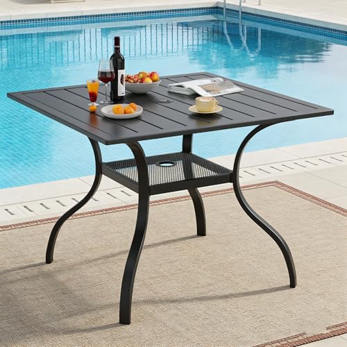 Image of SUNCROWN 37 inch Black Patio Outdoor Dining Table Metal Steel Slat Square Bistro Table for Porch Deck Garden Backyard Poolside, 1.57 inch Umbrella Hole