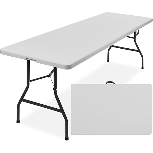 Best Choice Products 8ft Plastic Folding Table, Indoor Outdoor Heavy Duty Portable w/Handle, Lock for Picnic, Party, Pong, Camping - Light Gray