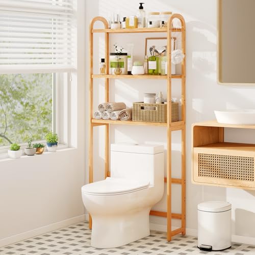 Giantex Bamboo Over The Toilet Storage 3-Tier Over Toilet Bathroom Organizer with 3 Hooks & Adjustable Shelves Freestanding Space Saver Above Toilet Shelf Rack for Laundry Balcony Restroom