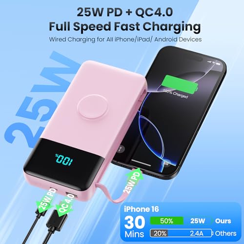 Image of Portable Charger Power Bank 40800mAh with Built-in Cables,25W Fast Phone Charging Portable Battery Pack,5 Outputs Travel Essentials Outdoor External Battery for iPhone 17 /16,Galaxy Android etc-Pink