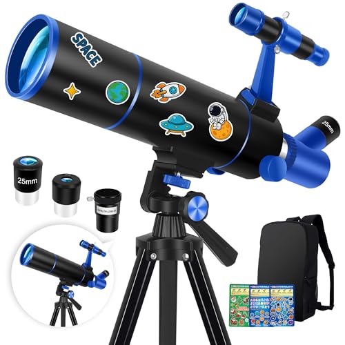Hawkko Telescope for Adults & Kids Beginners, 80mm Aperture 500mm Telescopes for Adults Astronomy, (20X-150X) Portable Refractor Telescope Kit with Decorate Stickers, Backpack, Phone Adapter-BlackBlue