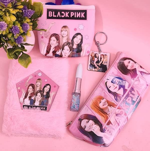 (Pack of 1 Set Include 5 Items) Stationary Combo Girls Fur Diary with Pen for Kids Pencil Pouch for Girls Cartoon Coin Pouch Keychain for Kids Girls