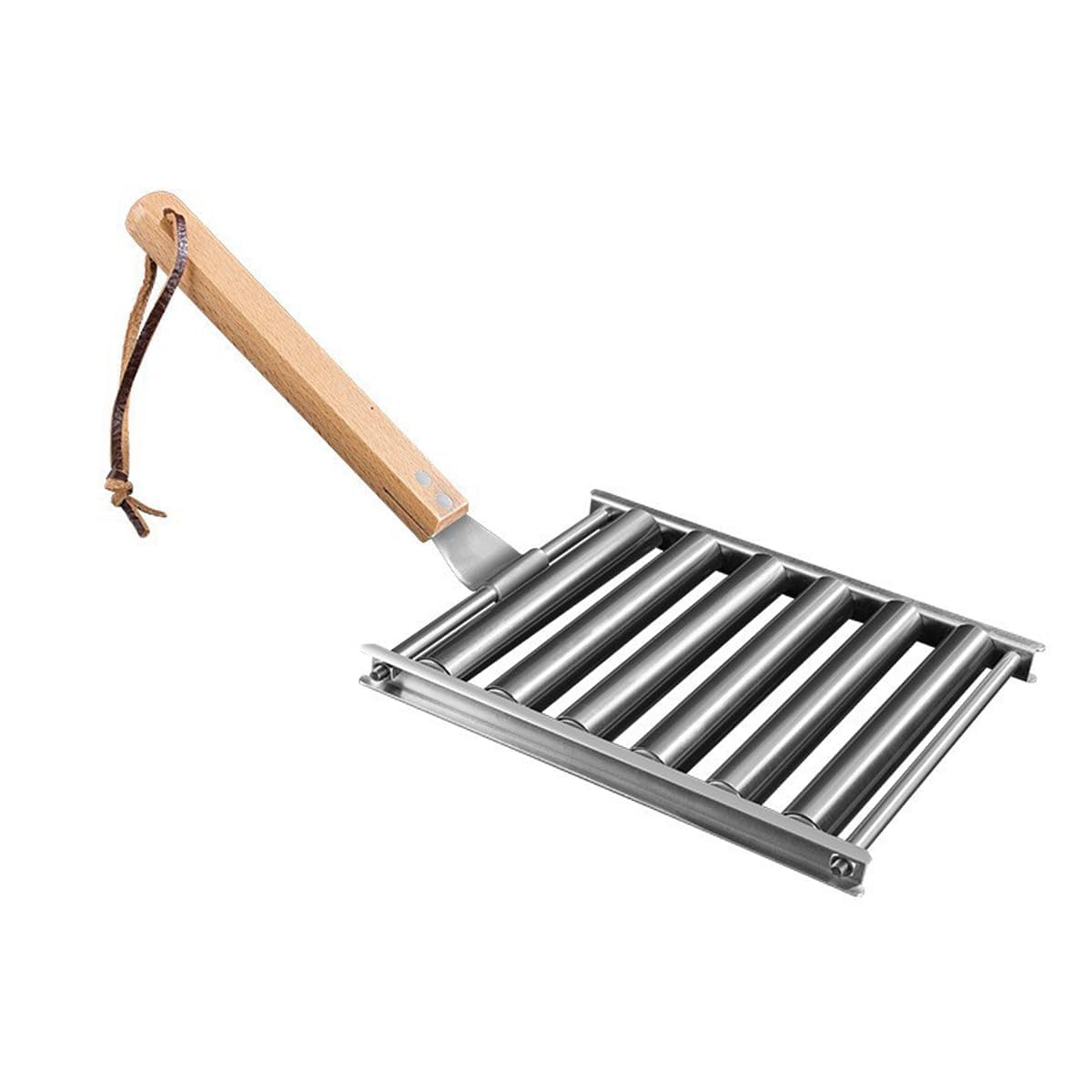 Namvo Parrilla para Perros Calientes, Parrilla con Rodillos para Barbacoa para Salchichas de Acero Inoxidable con Mango de Madera Extra Largo, Parrilla para Perros Calientes para Perros Calientes