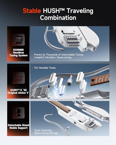 Image of DONNER HUSH X LIVE Electric Guitar with Detachable Speaker, Headless Travel Guitar Built-in Amp Modeling & Effects, Bluetooth Practice Guitar Kit with Gig Bag, White