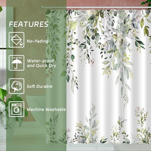 Image of Eucalyptus Shower Curtain, Aesthetic Art Watercolor Plant Leaves with Floral Bathroom Decor, Waterproof Fabric Cloth Bath Curtain Set with Hooks (Green, 72 inch W x 72 inch L)