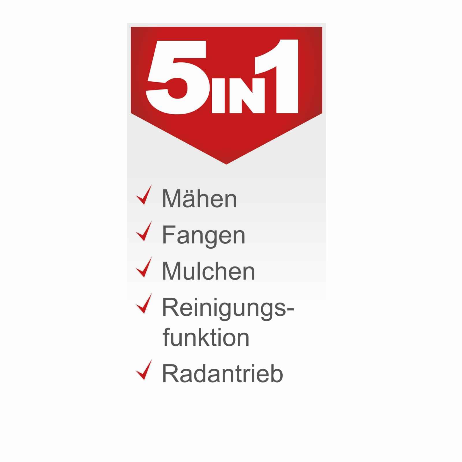 Scheppach Rasenmäher RM420A | 5 in 1-3,3PS | Schnittbreite 420mm | 45L Fangkorb | Schnitthöhenverstellung 25-75 mm | inkl. Radantrieb, Reinigungsfunktion & Motoröl