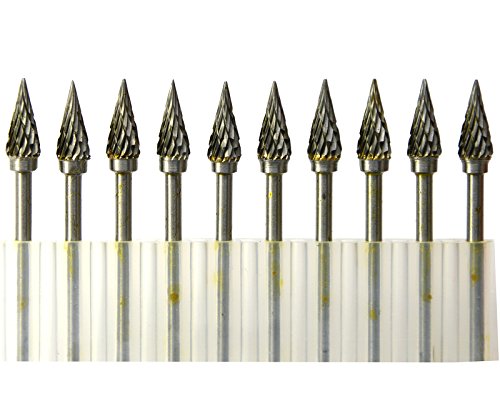 Wokesi 10Pcs 1/4''Cutter,3mm(1/8'') Shank,Type A,Tungsten Carbide Rotary Burr Set Taper Points Grinding Head Fit Dremel Engraving Bits Cutting Endmills Micrograin Solid Tools Buffing Burrs