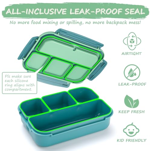 Image of QQKO Bento Box for Kids Adults, School Toddler Lunch Box for Boys Girls, Lunch Box Containers with 4 Compartments, Sauce Container, Utensils, Food Picks and Muffin Cups for School, Green