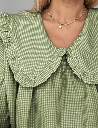 Image of Ynhonra Women's Gingham Mini Dress 3 /4 Puff Sleeve Babydoll Doll Collar
