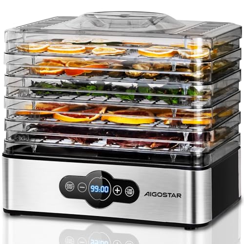 Aigostar 5 Tier Food Dehydrator 240W Food Dryer Machine with 99 H-Timer 35-70 Temperature Adjustable and LED Display for Drying Fruit Meat Vegetable Jerky and Pet Treat BPA Free - Crispy 12YXA