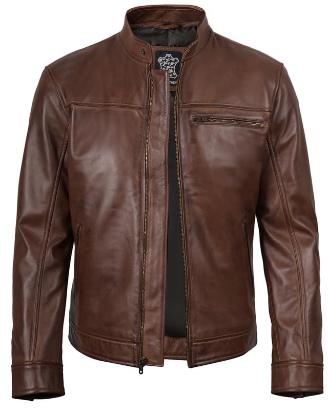 Image of Blingsoul Stylish Black & Brown Cafe Racer Leather Jacket For Men - Real Lambskin Leather Motorcycle Jacket Mens