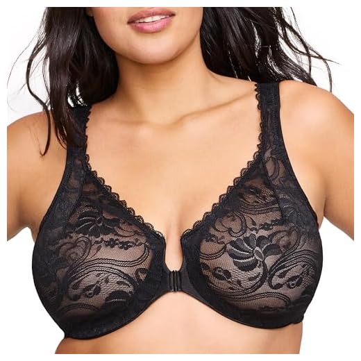 Glamorise Full figur Wonderwire front nära stretch spets BH # 9245, Svart, 65B