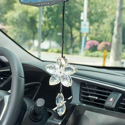 Image of Crystal Flower Car Rear View Mirror Hanging Ornament - Sparkles with Rainbows for a Sense of Luck and Happiness Car Interior Accessories (Gray)