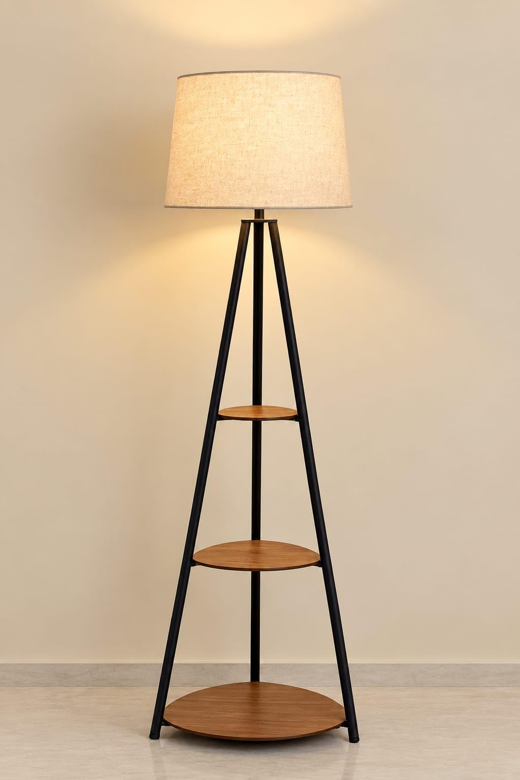 Tripod Floor Lamp with 3-Tier Round Wooden Shelves, Beige Shade | Metal Black Frame, Linen Fabric Shade, Living Room Decor, Storage Shelves, Mid-Century Style-picture-12