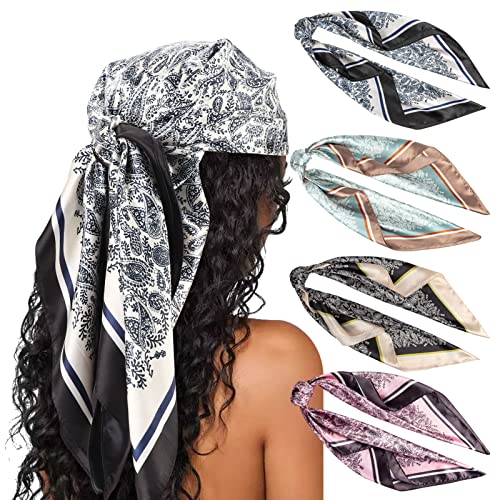 Image of DRESHOW 35 inch Large Square Satin Head Scarf - 4Pcs Silk Accessories Classic Patterned Squares Beach Bandanas for Women