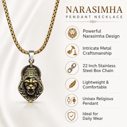 Image of M Men Style Narasimha Metal Pendant With 22 Inch Box Stainless Steel Chain | Lord Narshinha Trident Necklace | Hindu Religious Jewelry for Men & Women