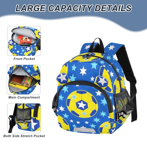 Kid's Backpack for Boys & Girls Toddler Bag Yellow Soccer Star Backpack with Safety Leash4