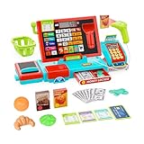 Small Toy Cash Register for Kids, Cash Register with Scanner, Real Calculator/Toy Money/Credit Cards/Food, Perfect Cash Register for Kids Ages 4-8