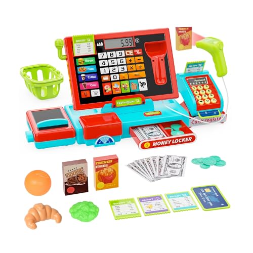 Small Toy Cash Register for Kids, Cash Register with Scanner, Real Calculator/Toy Money/Credit Cards/Food, Perfect Cash Register for Kids Ages 4-8