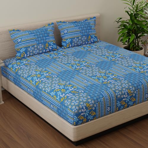 Image of Huesland by Ahmedabad Cotton 144 TC Cotton Elastic Fitted Bedsheet for Double Bed with 2 Pillow Covers | 60 x 78 inches