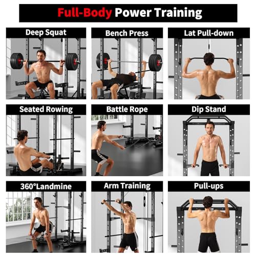 Image of JEEKEE Power Rack with LAT Pulldown, 2000LBS Power Cage with Cable System, Multi-Function Squat Rack with J-Hooks, Safety Bars, Landmine, Pull Up Bar & Attachments for Home Gym Strength Training,Black