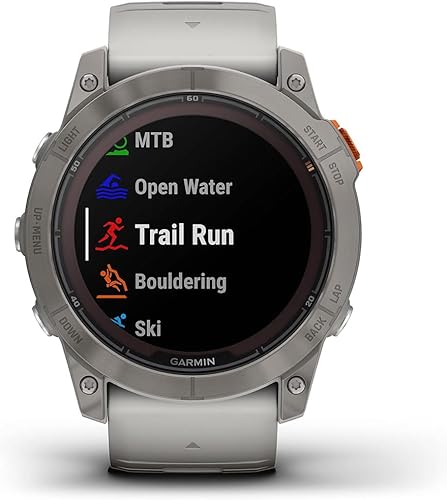 Miniatura 3 de Garmin Fenix 7X Pro Sapphire Solar, reloj inteligente GPS multideportivo, linterna integrada, carga solar, titanio con banda gris nieblanaranja