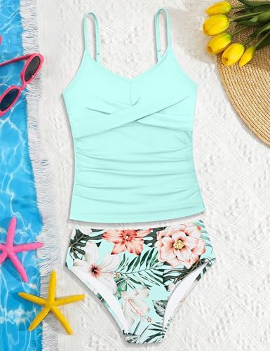 Girls Swimsuit 2 Piece Bathing Suit Criss Cross Ruched Girl Tankini Sets Printed Girls' Swimwear for 9-18 Years4