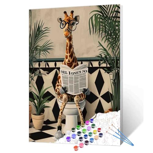 Tucocoo Malen nach Zahlen für Erwachsene Motiv: niedliche Giraffe auf Toilette einfaches DIY-Ölgemälde-Set auf Leinwand mit Pinseln und Acrylpigment lustiges nordisches Tier-Badbild für