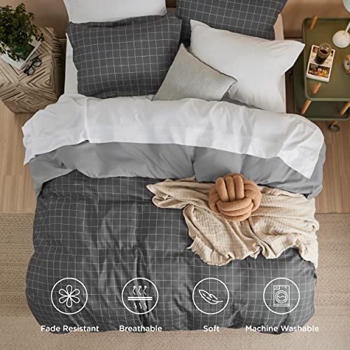 Image of Bedsure Duvet Cover Twin Size - Reversible Plaid Duvet Cover Set with Zipper Closure, 2 Pieces Dark Grey Bedding Set with 8 Corner Ties and 1 Pillow Sham 20 inchx26 inch