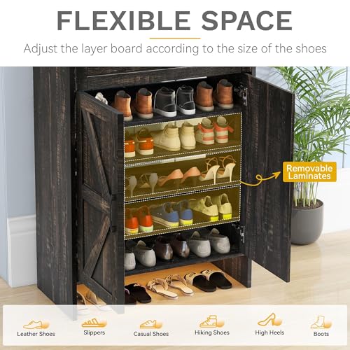 DWVO 6-Tier Shoe Cabinet with Doors & Drawer – Adjustable Shelves, Built-in Induction Strip for Hallway, Living Room(Rustic Oak)