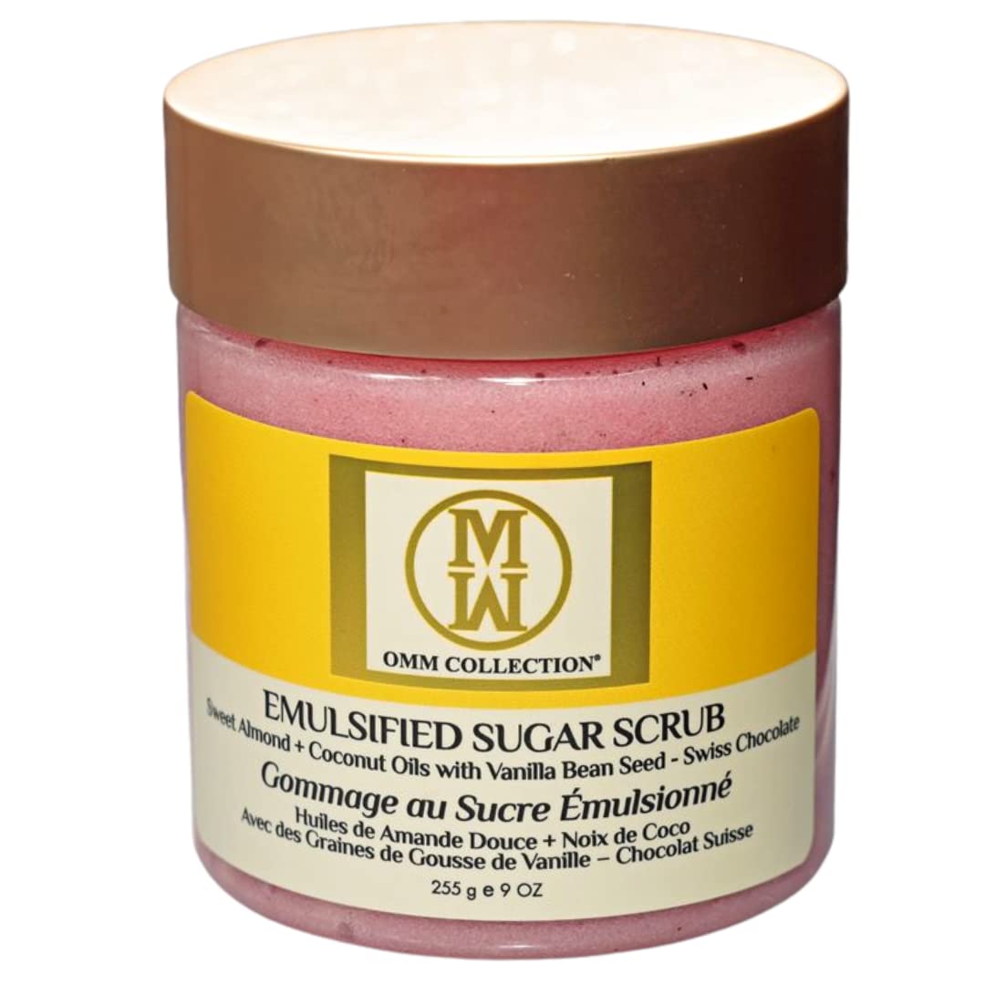 OMM Collection Emulsified Sugar Scrub (8oz) - Swiss Chocolate- Natural Oils Hand & Body Scrub with Camellia Sinensis Oil, Sweet Almond Oil & Coconut Oil - Nourishing, Moisturizing & Exfoliating Skin