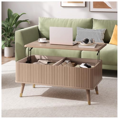 Image of JOINICE 38 inch Lift Top Coffee Table with Storage for Living Room,Oak | Large Hidden Storage,Natural Boho Style,Fluted Rectangle Center Table with Wooden Legs,Lifts to 23 inch,Holds 88lbs,Easy Assembly