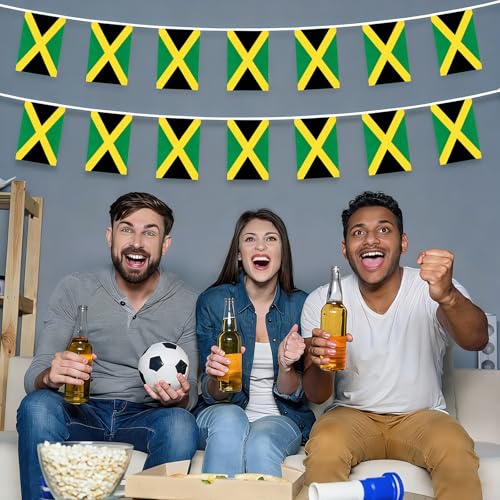 Image of AhfuLife 33 Ft Jamaica String Flags Banner for World Cup Decorations 2026, 30 Pcs Small Jamaican Buting String Flags, Double Sided for Independence Day Garden Street Sports Party Decor (5.5x8.3 Inch)