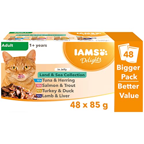 IAMS Delights Wet Food Land & Sea Collection for Adult Cats with Meat and Fish in Jelly, 48 x 85g
