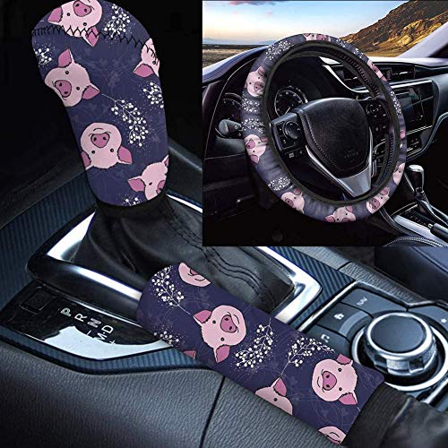 Binienty Cubierta de volante de ajuste universal, cubierta de perilla de cambio + protector de freno de mano, impresión de cerdo rosa de dibujos animados, 3 piezas, duradera y suave Cover